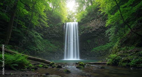 Lush Green Tropical Waterfall in Forest