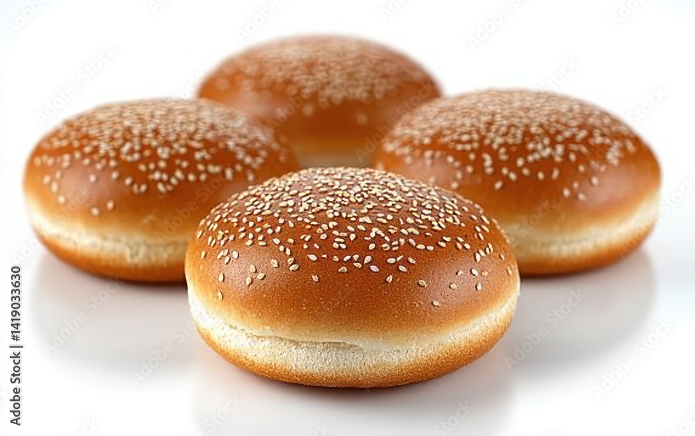 Four fresh sesame seed hamburger buns on white background symmetrical arrangement bright studio lighting high detail Four fresh sesame seed hamburger buns on white background symmetrical arrangement bright studio lighting high detail