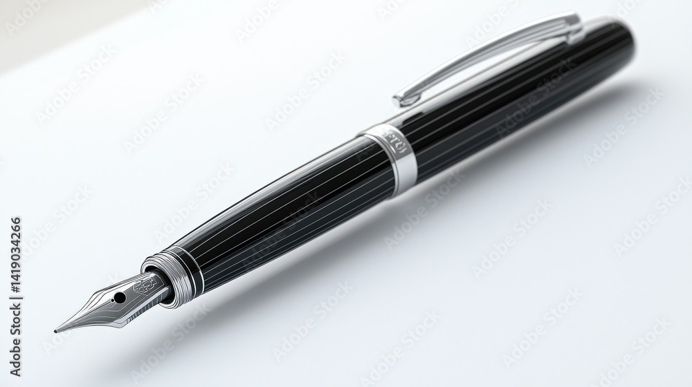 Sleek black pen on white paper, studio shot Sleek black pen on white paper, studio shot