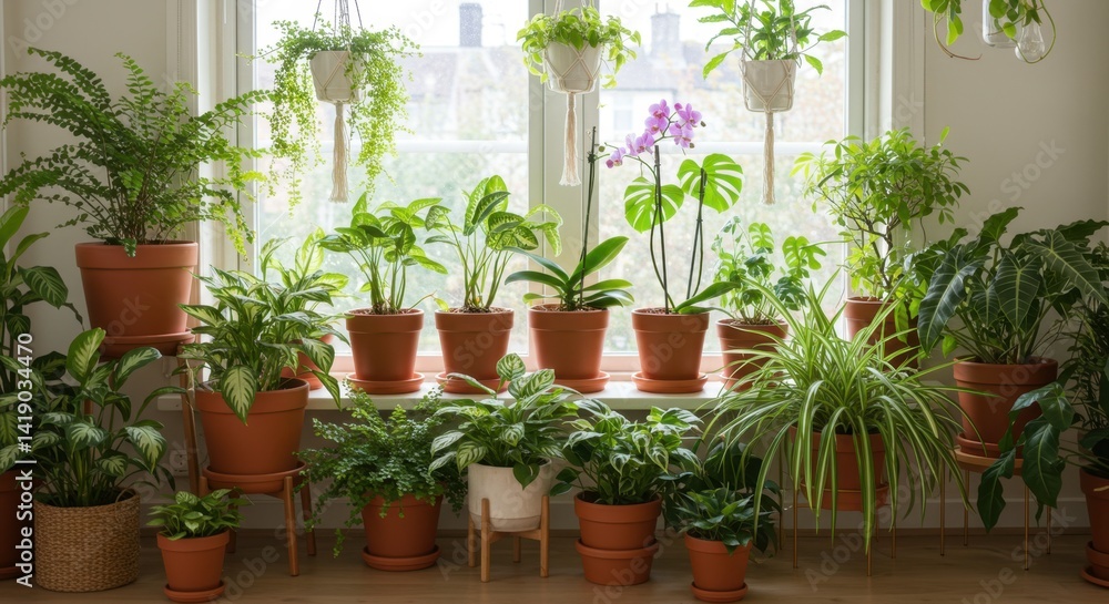 Lush Greenery: Collection of Indoor Plants in Terracotta Pots by Window Lush Greenery: Collection of Indoor Plants in Terracotta Pots by Window