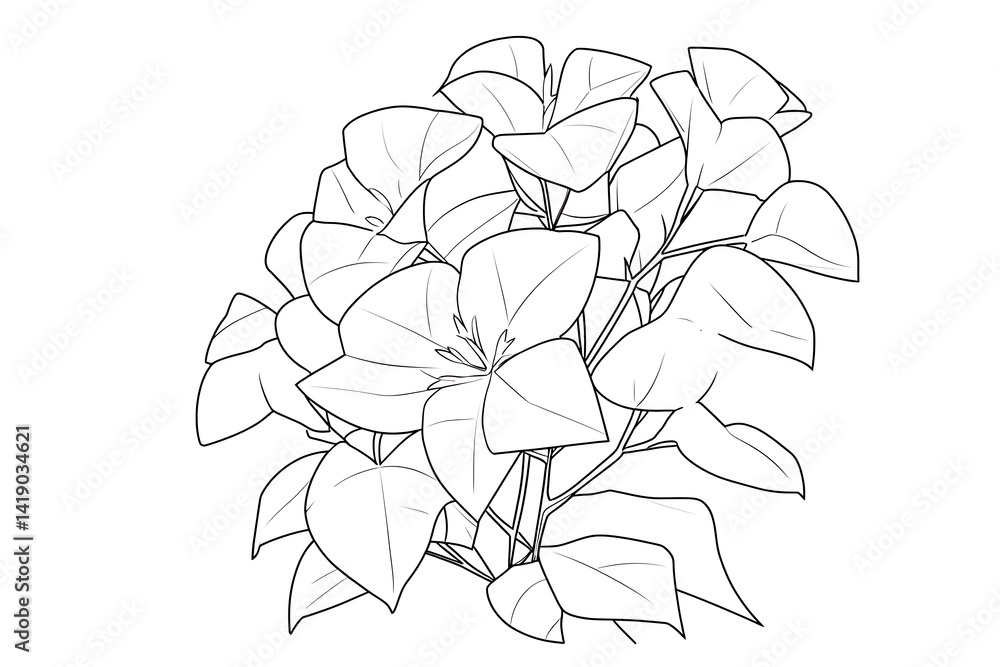 Fototapeta premium Line art drawing of a cluster of leaves and blossoms, detailed black and white illustration, botanical sketch, simple graphic design, monochrome image, floral motif, nature illustration, plant