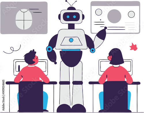 Flat Isometric Vector of Robot Teacher Teaching Children in Futuristic Classroom

