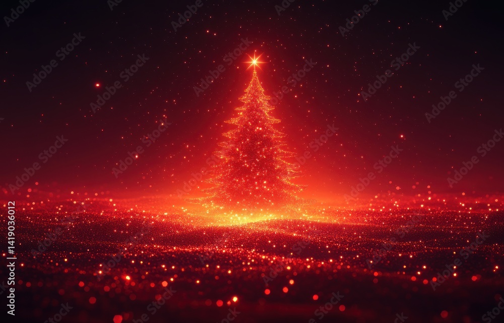 Naklejka premium Glowing Christmas tree with sparkling lights on red and black starry background festive magical winter celebration