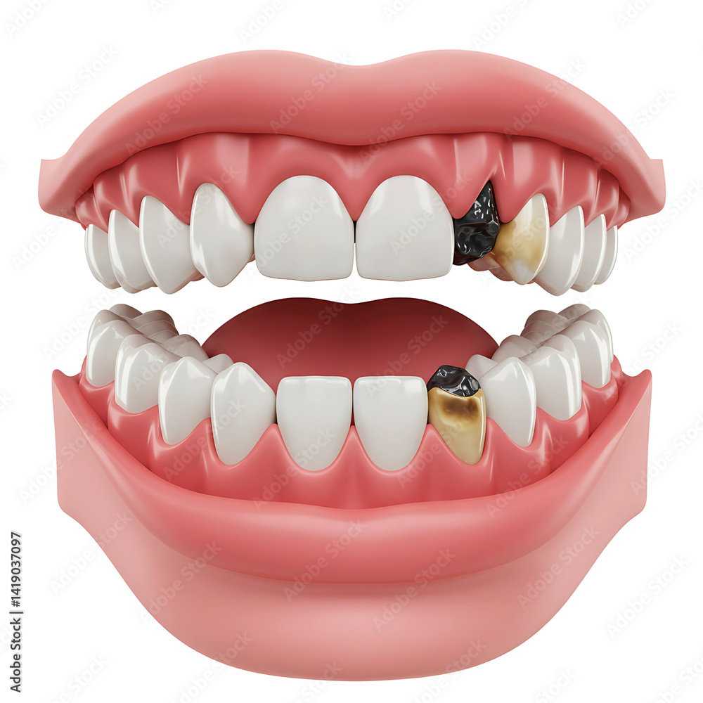Obraz premium Realistic 3D illustration of human mouth anatomy showing tooth decay and cavity problems, isolated on transparent background. Ideal for dental, medical, and health education content