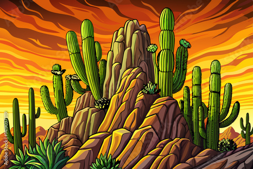 Saguaro cactus at sunset time in Arizona landscape, amazing sky