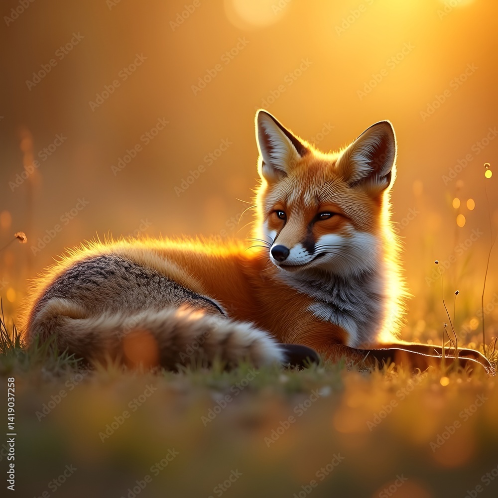 Fototapeta premium A fox laying in golden light, peaceful expression