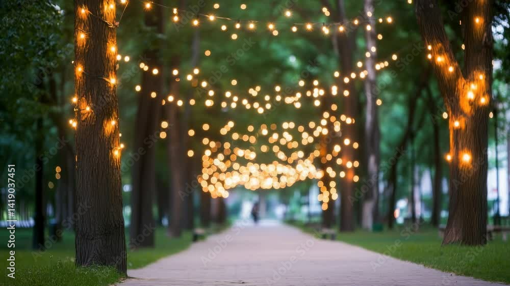 Evening park with string lights on treelined path Evening park with string lights on treelined path