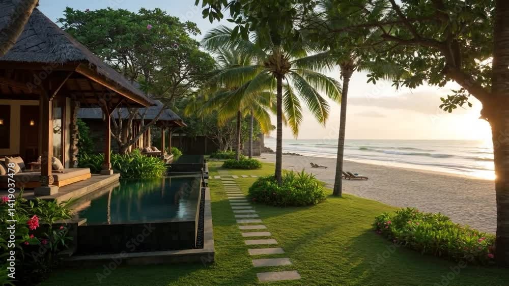Relaxing beachfront escape in a tropical villa with ocean views and lush gardens at sunset Relaxing beachfront escape in a tropical villa with ocean views and lush gardens at sunset