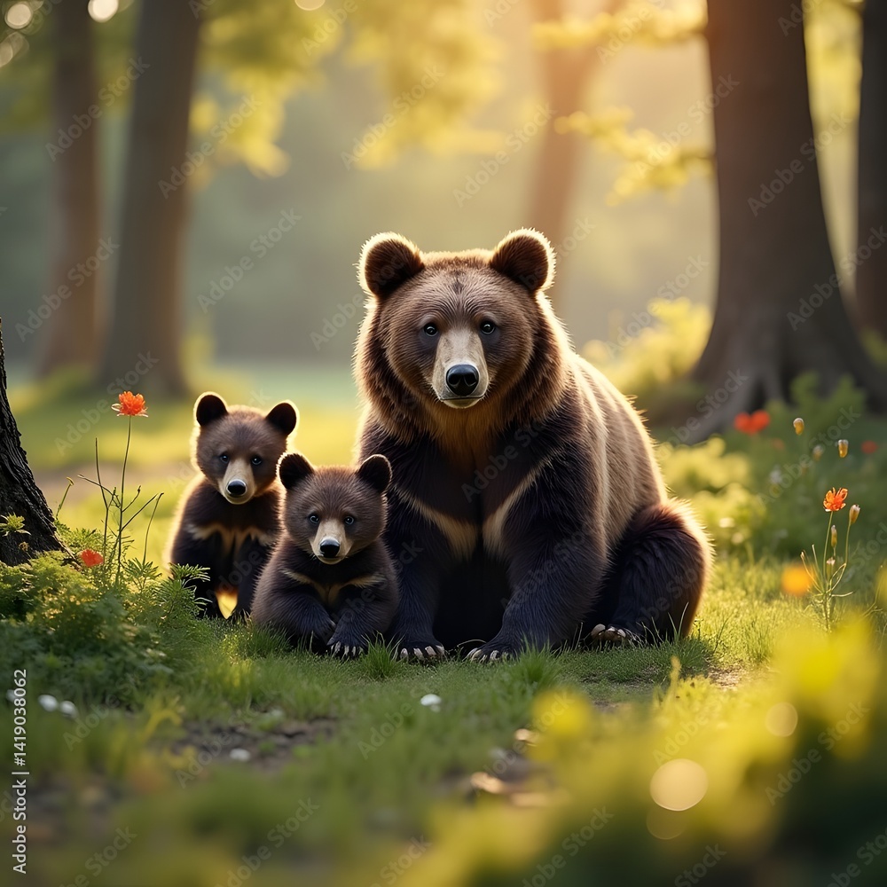 Fototapeta premium A mama bear with cubs, forest clearing in soft sunlight