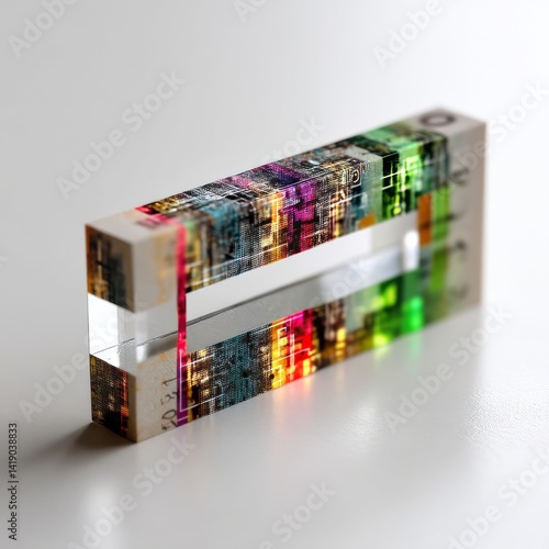 Abstract Geometric Block with Intricate Colorful Patterns and Clear Glass Section on White Surface: A Modern Art Piece