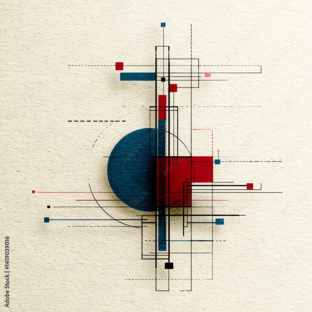 Abstract Composition of Geometric Shapes: Exploring Lines, Circles, and Squares in a Modern Design
