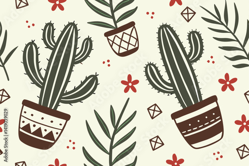 20 Seamless pattern, potted cacti and succulents, illustrated plants, terracotta pots, decorative planters, green and brown color palette, desert flora, minimalist botanical design, repeating motif, f