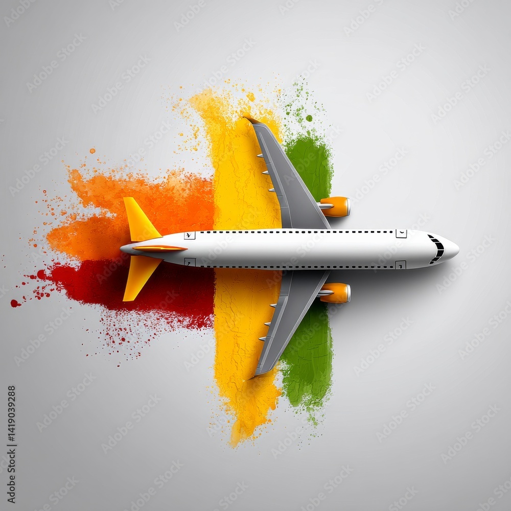 Airplane in Flight Splashed with Vibrant Colors: A Conceptual Art Piece Exploring Travel and Imagination