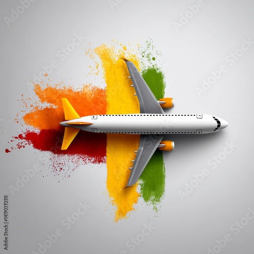 Obraz na płótnie Airplane in Flight Splashed with Vibrant Colors: A Conceptual Art Piece Exploring Travel and Imagination w salonie