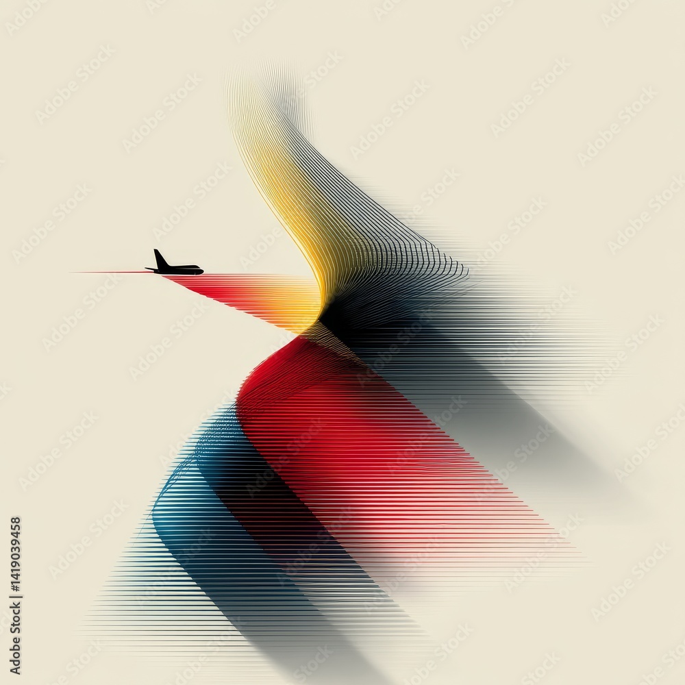 Air Transportation Abstract: A Silhouette Airplane with a Colorful Linear Wake on a Cream Background