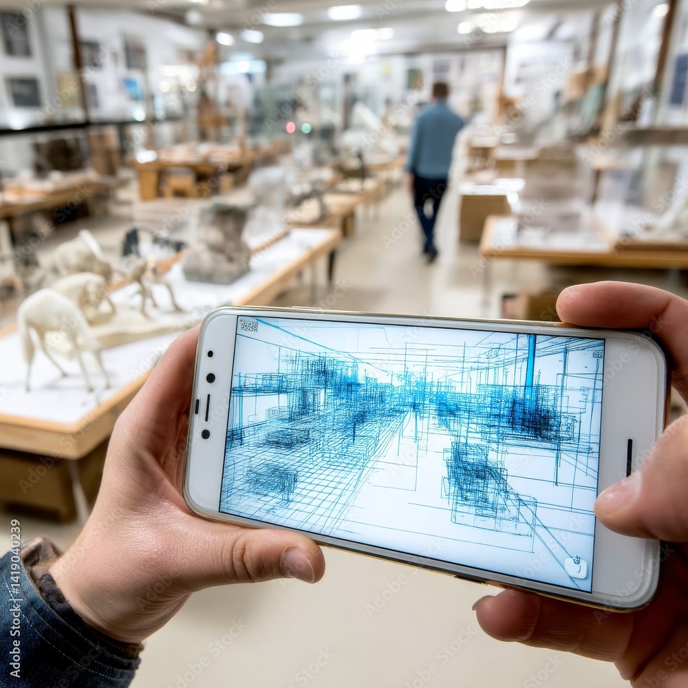 Augmented Reality Museum Visit: Capturing a Blueprint Overlay on a Phone Screen in a Gallery Setting with Art Pieces and Visitors.