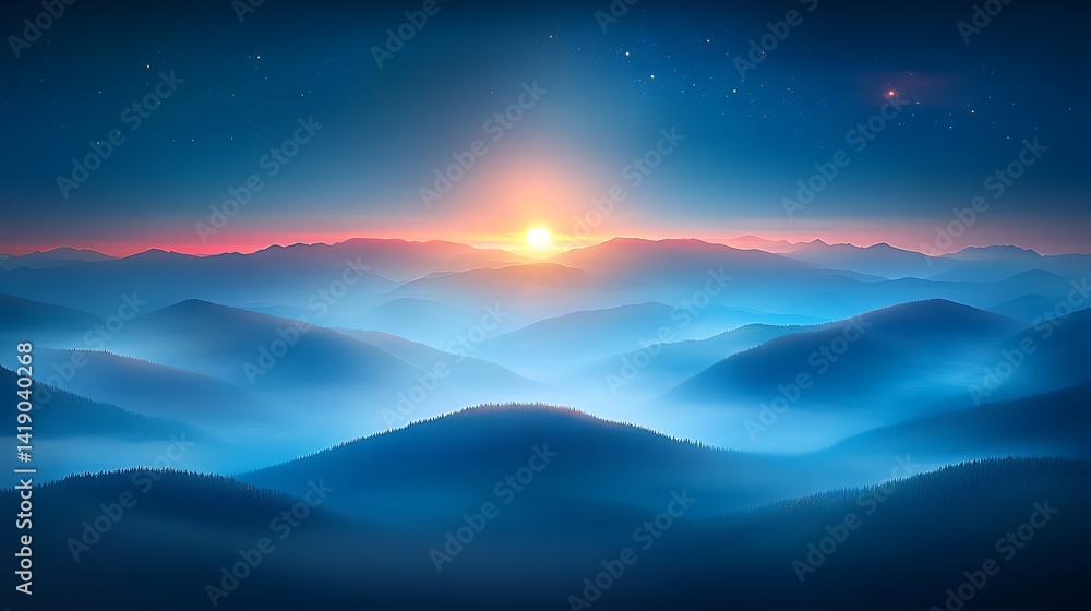 Fototapeta premium Serene sunrise over a misty mountain range. Warm toned sun rising above a cool toned, hazy landscape. Dark blue sky with subtle hints of pink and orange near the horizon. Layers of mountains shrouded