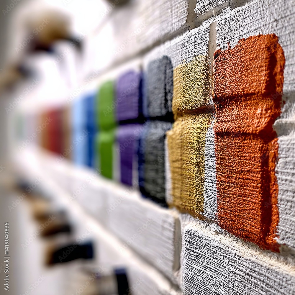 Colorful Palette: Paint Samples on Textured White Brick Wall - A Vibrant Spectrum of Hues for Interior Design.