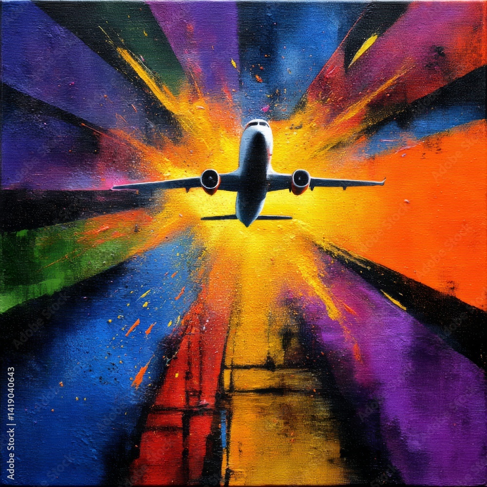 Colorful Departure: A Bold Aviation Art Piece Showcasing Flight Through Dynamic Streaks of Vivid Colors