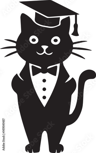 silhouette of cute cat with graduation hat and gown vector illustration design