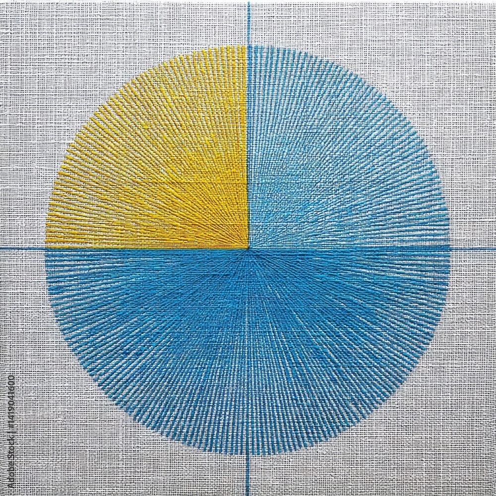 Geometric Stitchwork: A Circular Embroidery with Contrasting Yellow and Blue Segments on Textured White Fabric