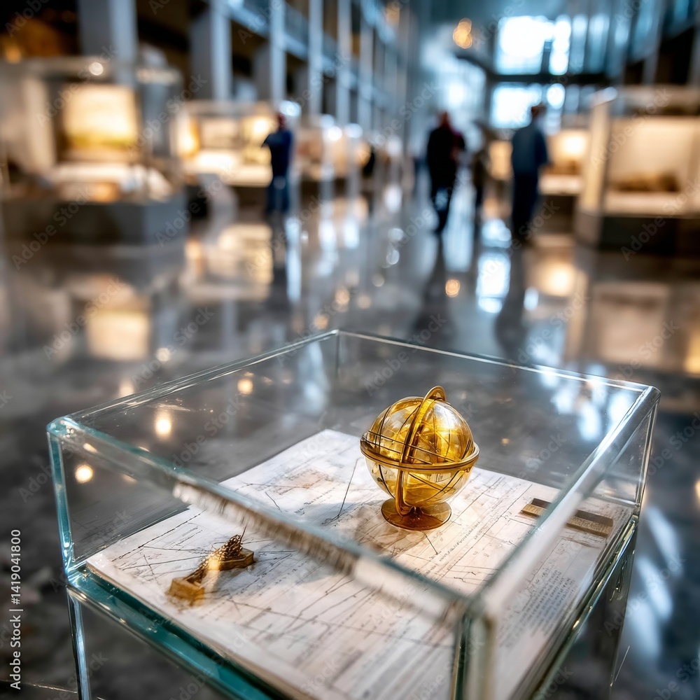Golden Sphere Armillary Exhibit: Illuminating the Past in a Modern Museum Display.