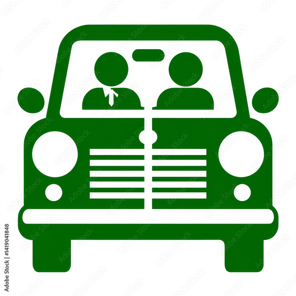 Green Car Icon with Two Passengers - Front View - Simple Vector Illustration for Transportation or Driving Themes