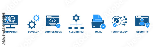Programming banner web icon vector illustration concept with icon of computer, develop, source code, algorithm, data, technology, security 
