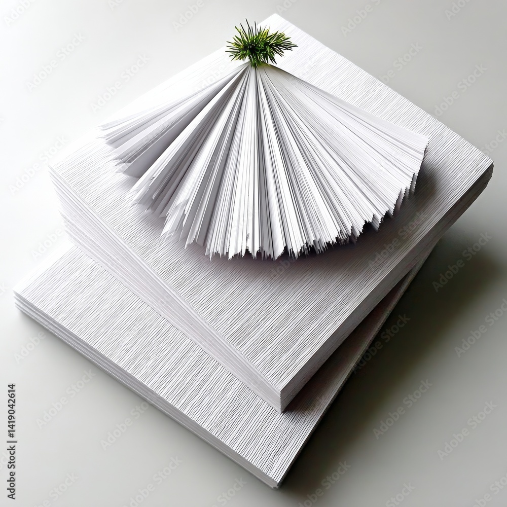 Minimalist Still Life: Stack of Embossed White Paper with a Touch of Green, Nature's Embrace