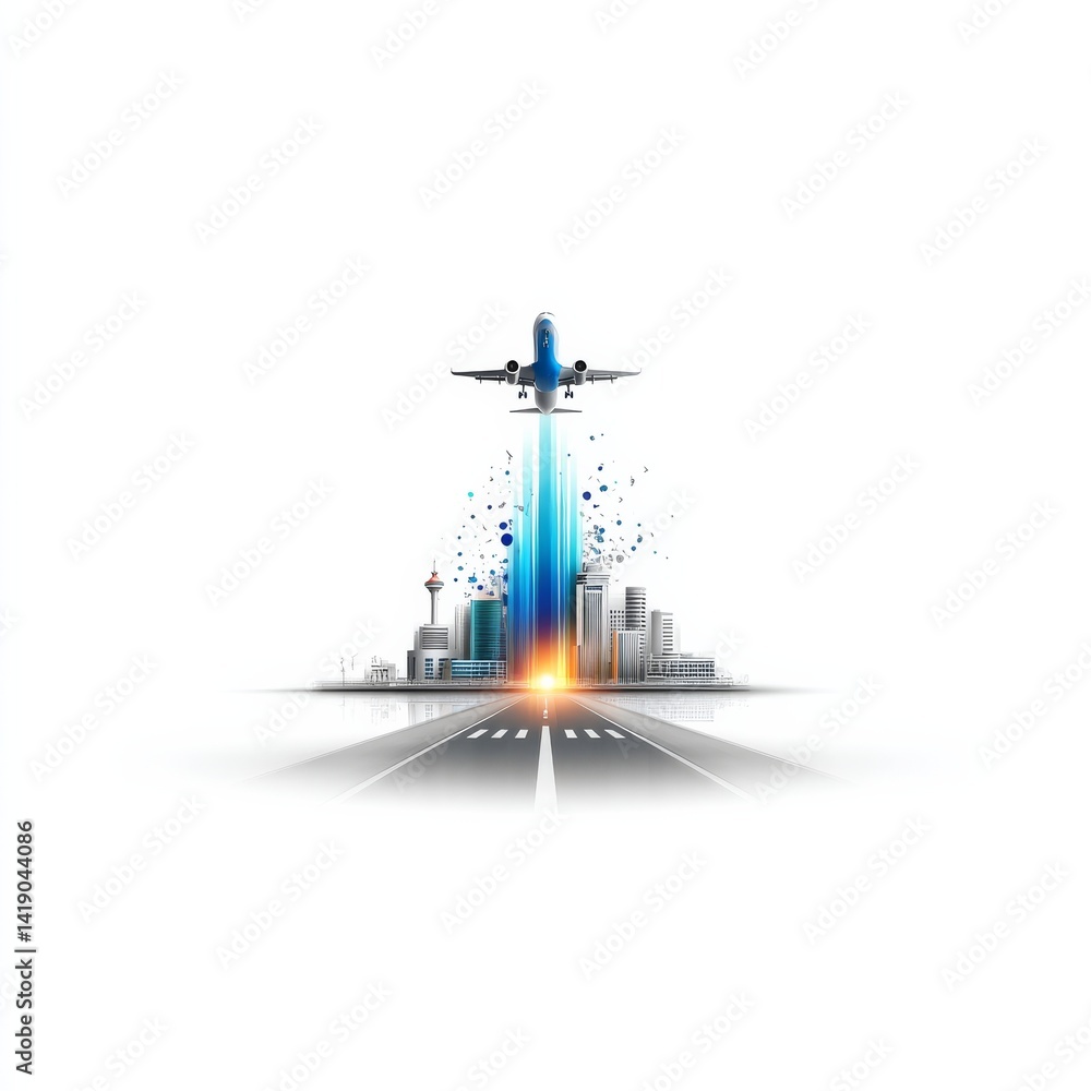 Takeoff Over Cityscape: Modern Airplane Ascending from Runway with City Buildings and Artistic Visual Effects