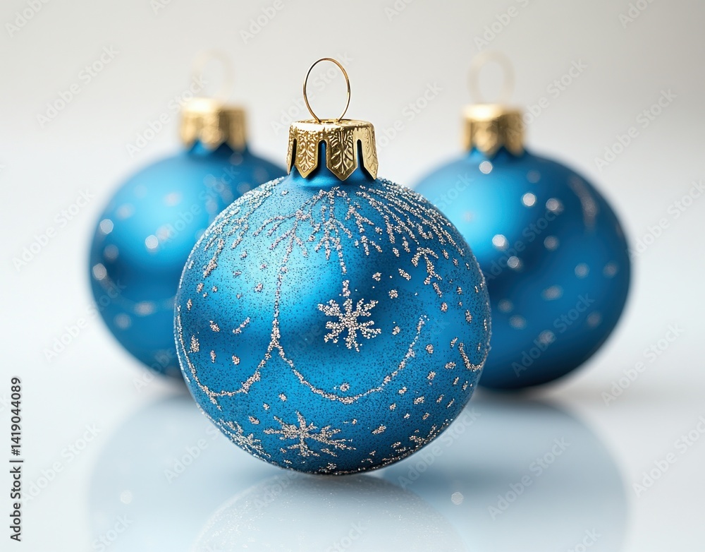 Three blue Christmas baubles with golden hooks on white background festive decoration Three blue Christmas baubles with golden hooks on white background festive decoration