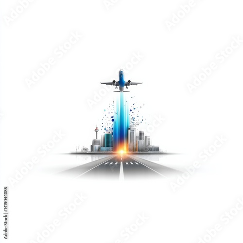 Obraz na płótnie Takeoff Over Cityscape: Modern Airplane Ascending from Runway with City Buildings and Artistic Visual Effects w salonie