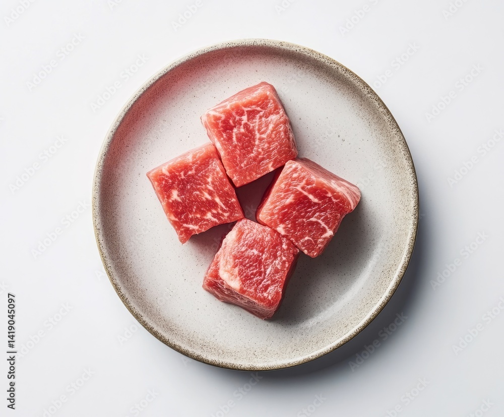 Four raw beef cubes on a white plate Four raw beef cubes on a white plate