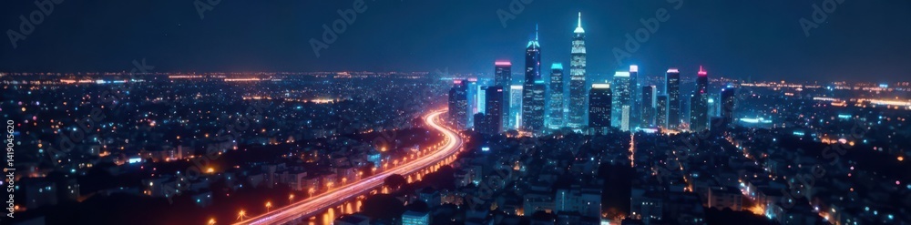 Fototapeta premium Night cityscape, complex financial graph overlay, growth, market