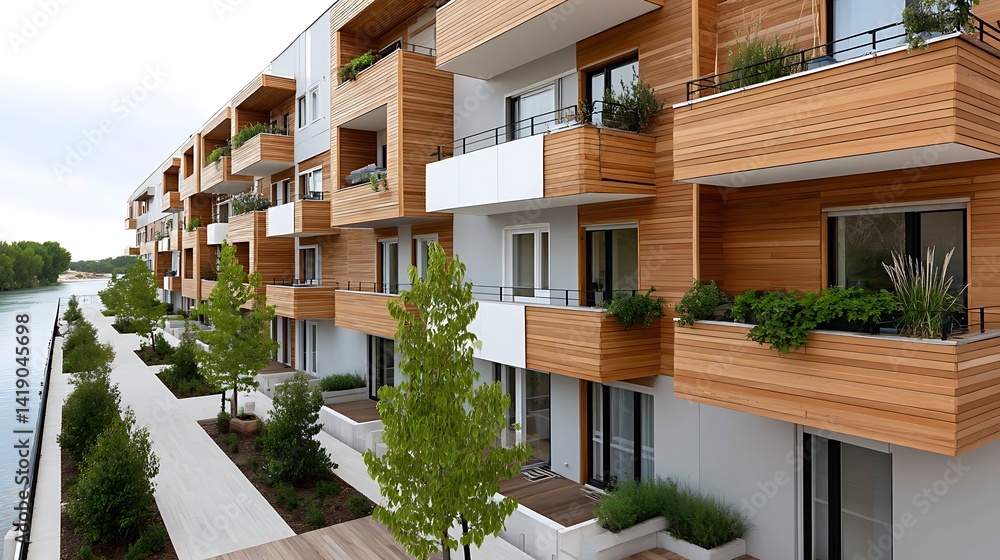 Fototapeta premium Modern Waterfront Apartment Building with Wooden Facades and Balconies