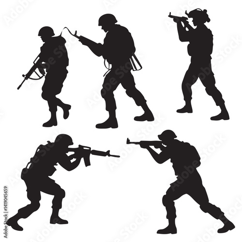 Silhouette of Soldiers in Tactical Combat Poses – Military Action Vector Set,army silhouette