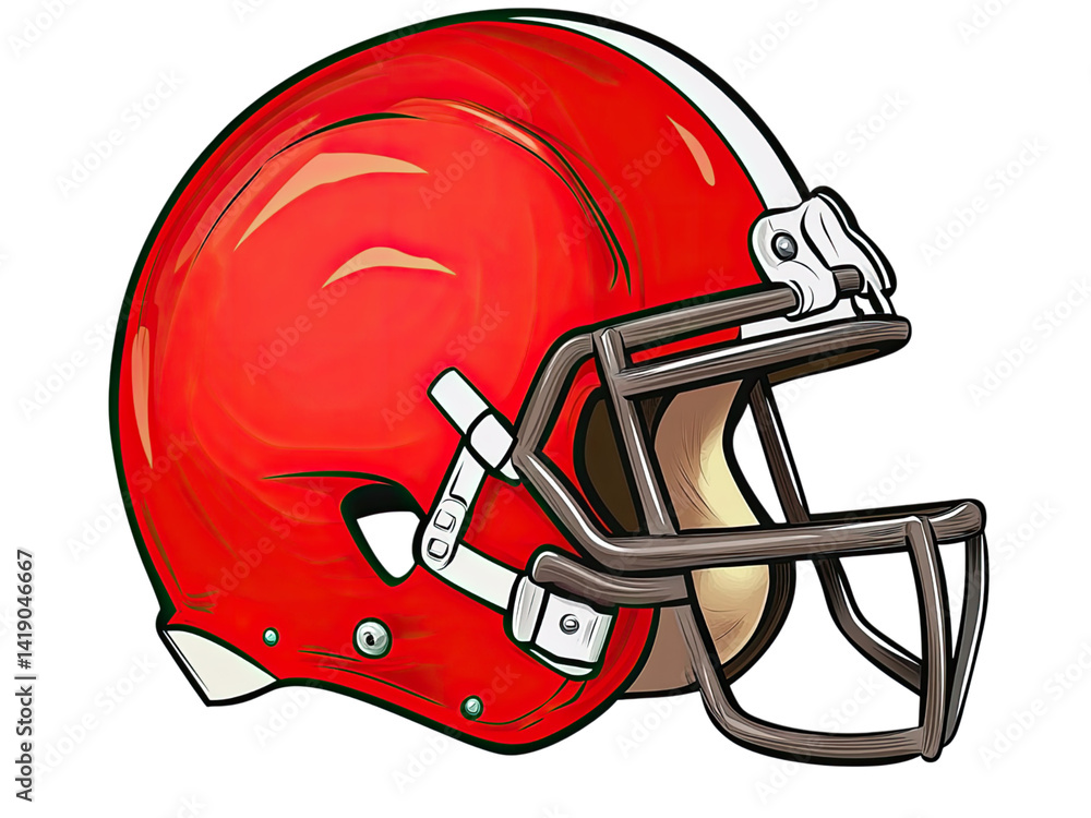 Fototapeta premium American Football Helmet: Red Design, Sport Equipment, Game Day Gear, Gridiron Glory, Athletic Head Protection, Player Safety, Competition, Victory, Strategy, Teamwork, Strength, Speed, Power, 