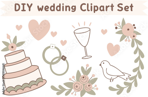 DIY Wedding Clipart Set for Invitations and Decorations. Romantic Wedding Clipart Bundle for Planners and Crafts. Elegant DIY Wedding Clipart Collection with Florals and Details. Pastel Wedding
