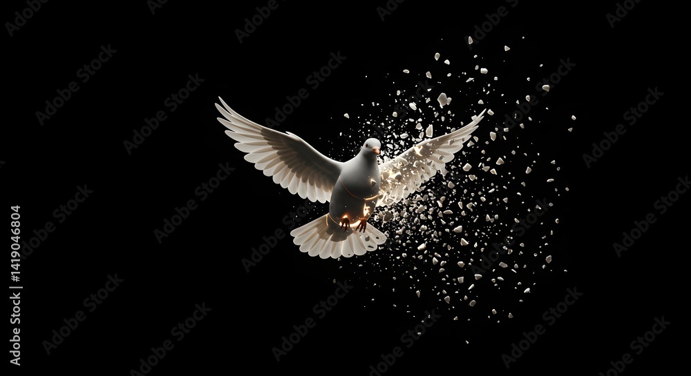 Obraz premium White Dove Disintegrating Into Fragments in Dark Background