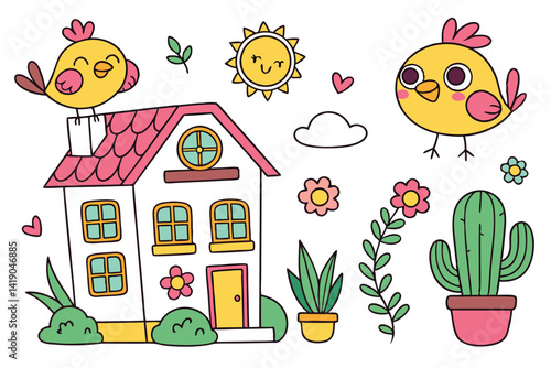 21 Cartoon stickers, colorful birds, potted cacti, sunflowers, houseplants, two-story house, speech bubbles, expressive characters, cute animals, vibrant colors, kawaii style, isolated elements, white