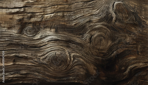 Close-up of dark wood grain with knots and weathered texture. Dark wood background with a natural, organic and textured pattern.