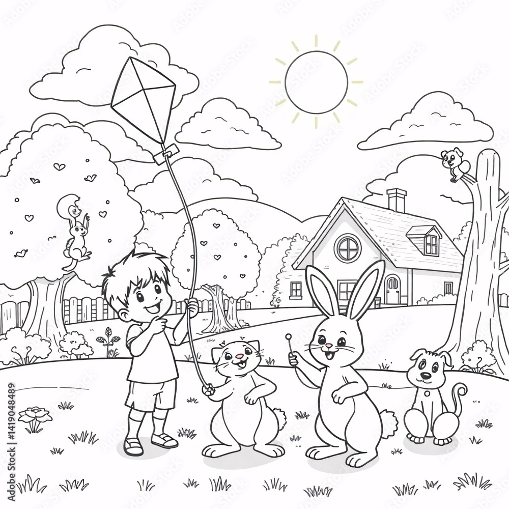 Fototapeta premium A boy and a bunny playing with a kite in the garden with their dog friends