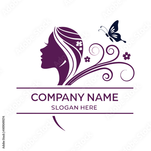 Elegant female profile, floral and butterfly design logo