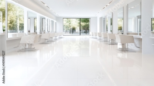 Modern Hair Salon Empty Stations Minimalist Design High-Gloss Flooring Wide Shot Gleaming Surfaces Relaxing Atmosphere Bright White Backdrop Pure White Luxury Interiors
