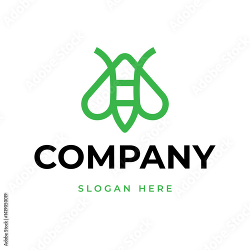 Logotipo de insecto moderno: arte minimalista de líneas verdes para marcas ecológicas, negocios orgánicos o tecnología sostenible.