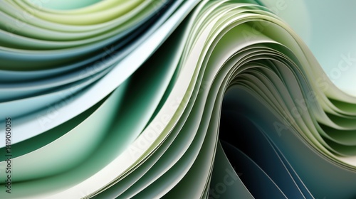 Abstract 3D rendered wavy paper texture in green, blue and beige colors, featuring dynamic flowing lines and organic shapes for modern graphic design concepts.