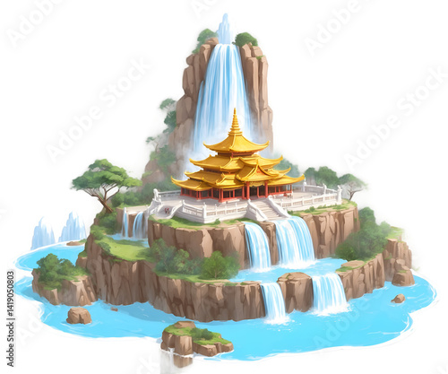 Whimsical Illustration of a Floating Temple Surrounded by Cascading Waterfalls and Lush Greenery, Creating a Serene and Majestic Ambiance in a Mystical Landscape
