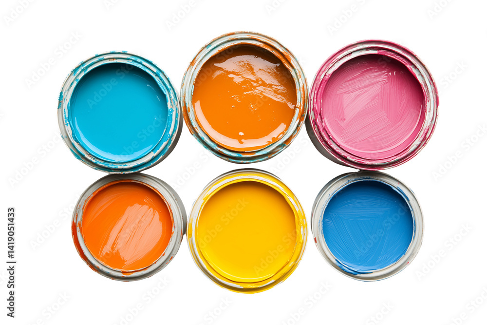 Overhead View of Six Colorful Paint Cans on Transparent Background, PNG Overhead View of Six Colorful Paint Cans on Transparent Background, PNG
