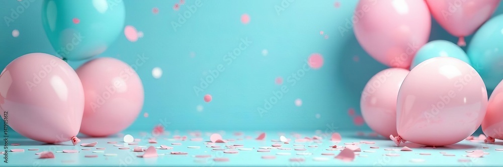 Pastel blue party decor on table with confetti and balloons, fun, flat lay, top view Pastel blue party decor on table with confetti and balloons, fun, flat lay, top view