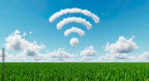 A wifi symbol made of clouds in a blue sky over a green field view